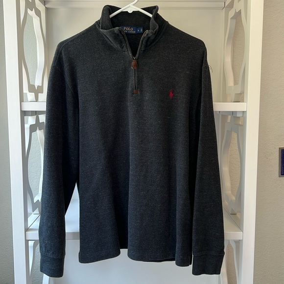 Ralph Lauren Quarter Zip Suede Pull Cotton Charcoal Gray Sweater Mens Size L - Picture 1 of 8